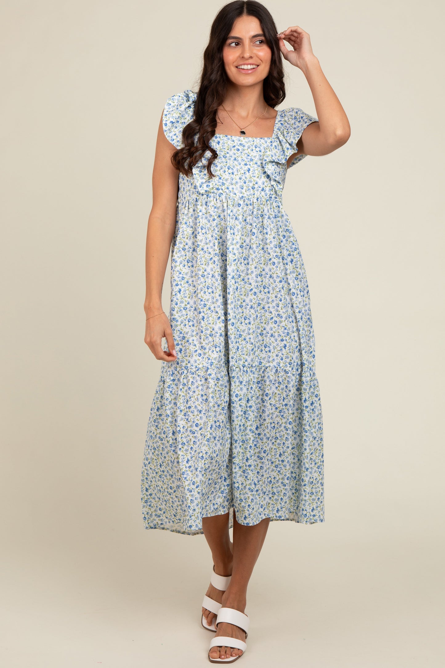 Blue Floral Ruffle Off Shoulder Midi Dress