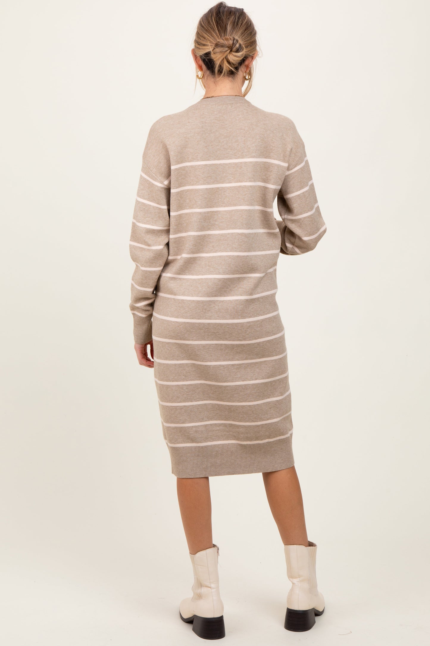 Beige Striped Maternity Midi Sweater Dress