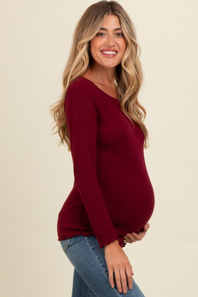 Burgundy Ribbed Knit Long Sleeve Lettuce Hem Maternity Top
