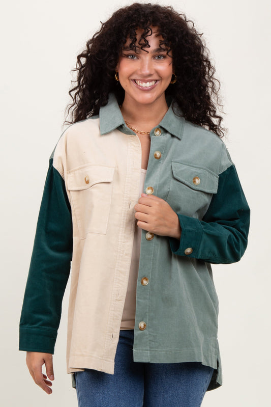 Light Olive Corduroy Colorblock Oversized Shirt Jacket