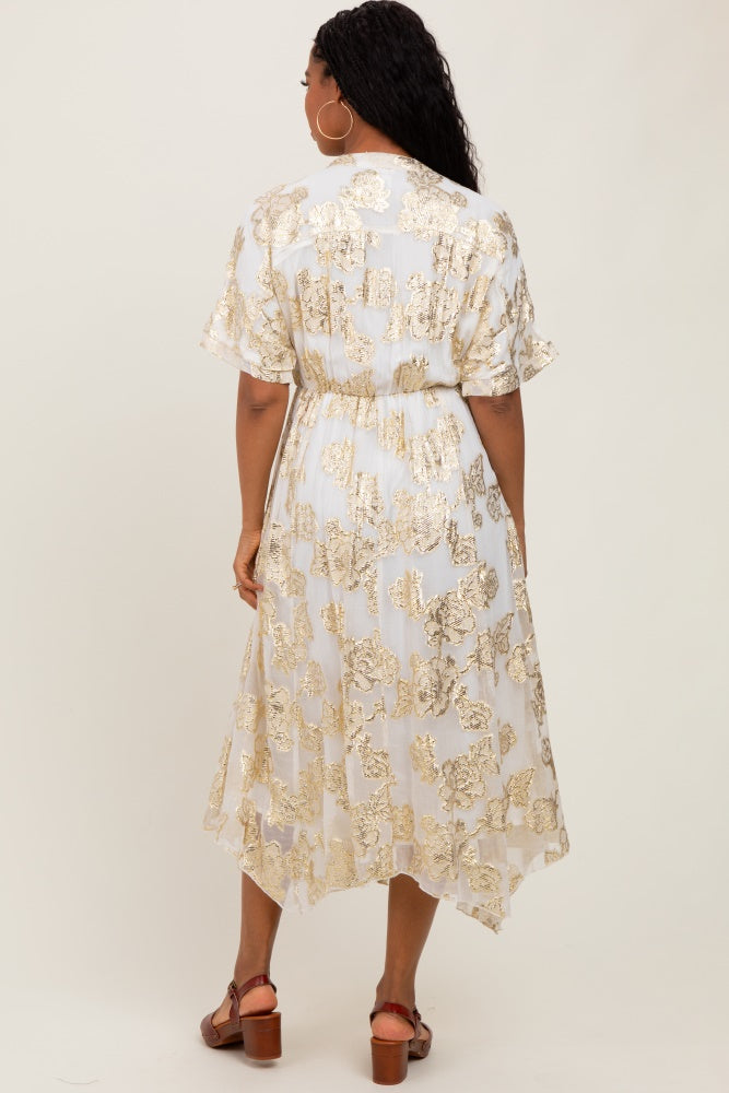 Cream Metallic Floral Jacquard Overlay Maxi Dress