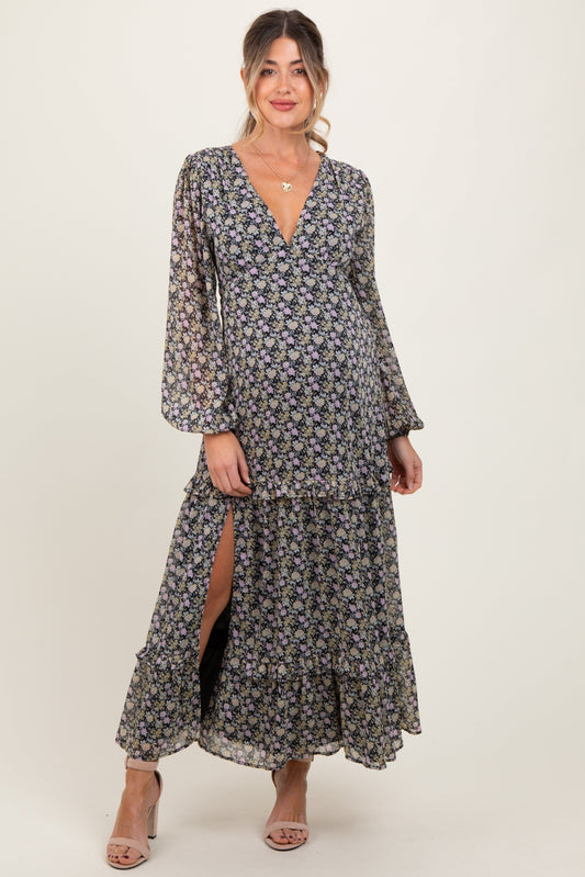 Black Floral Chiffon V-Neck Ruffle Tiered Maternity Maxi Dress