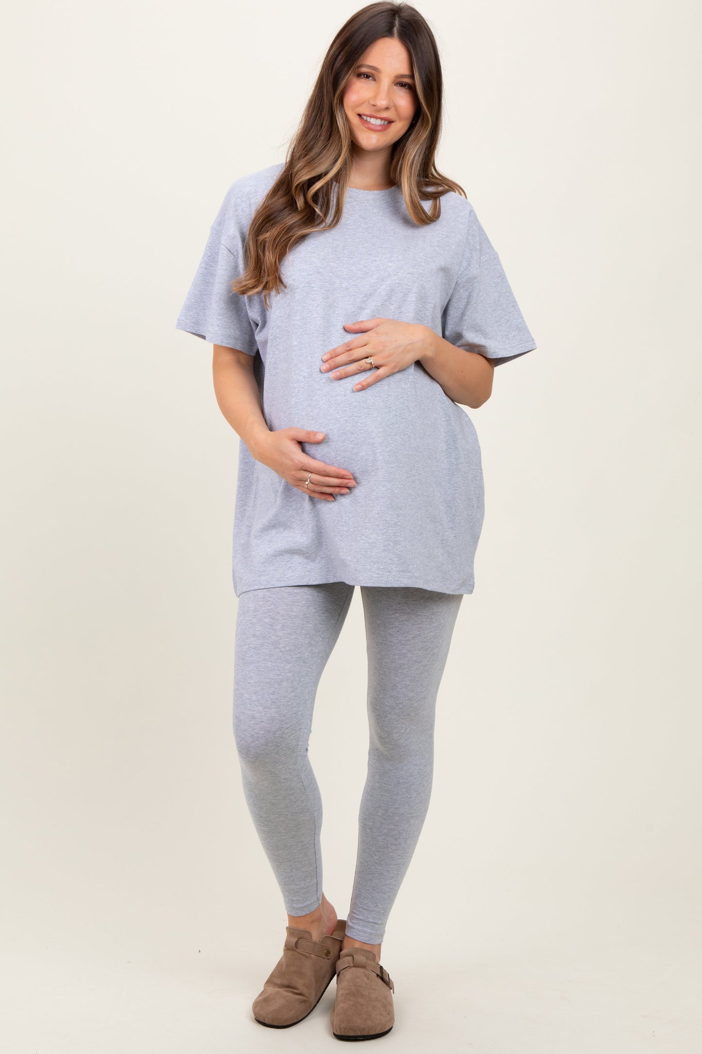 Heather Grey Oversized Crewneck Short Sleeve and Legging Maternity Set