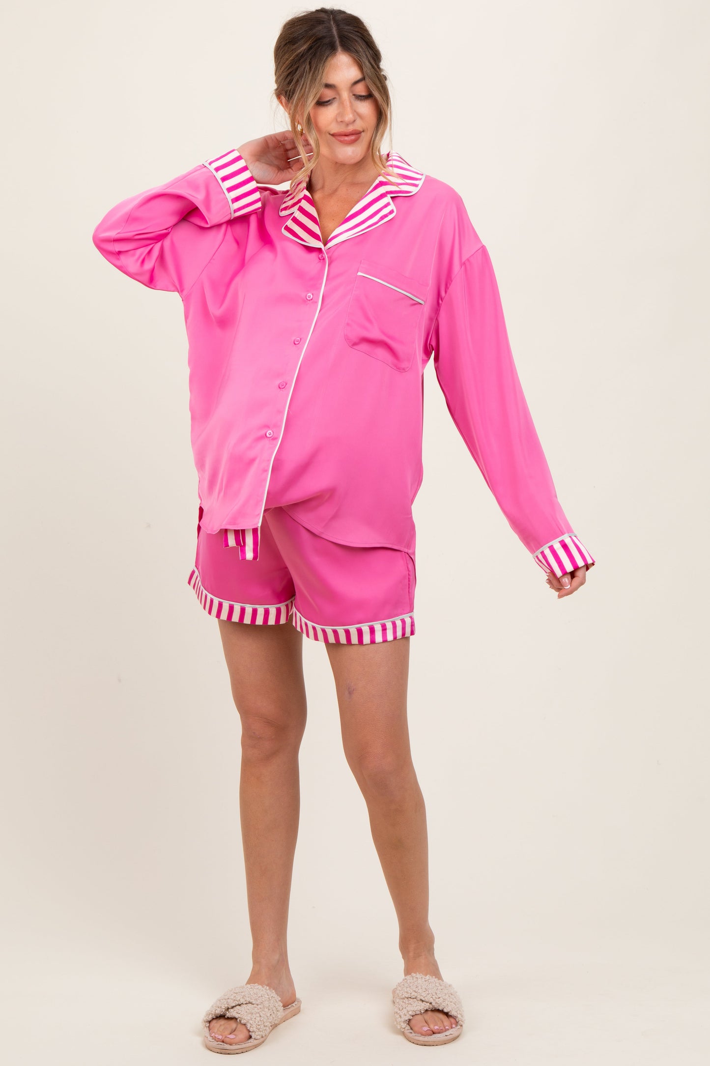 Fuchsia Satin Contrast Stripe Pajama Short Maternity Set