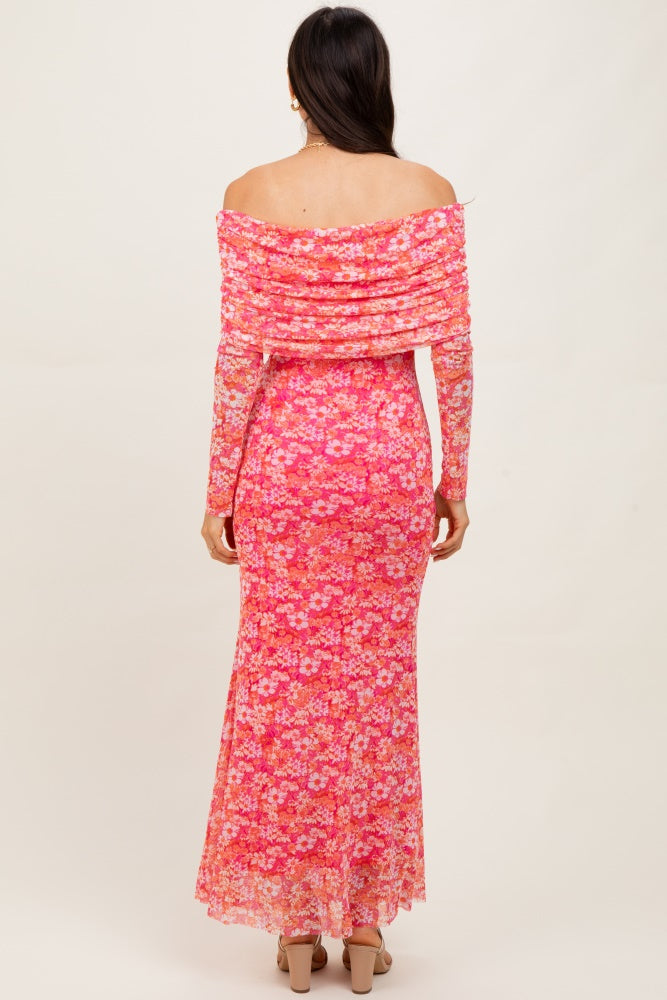 Pink Floral Mesh Off Shoulder Long Sleeve Maxi Dress