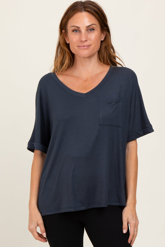 Charcoal Oversized V-Neck Front Pocket T-Shirt