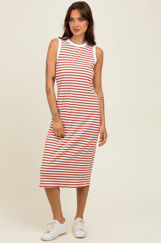 Red Striped Ribbed Knit Sleeveless Midi Dress