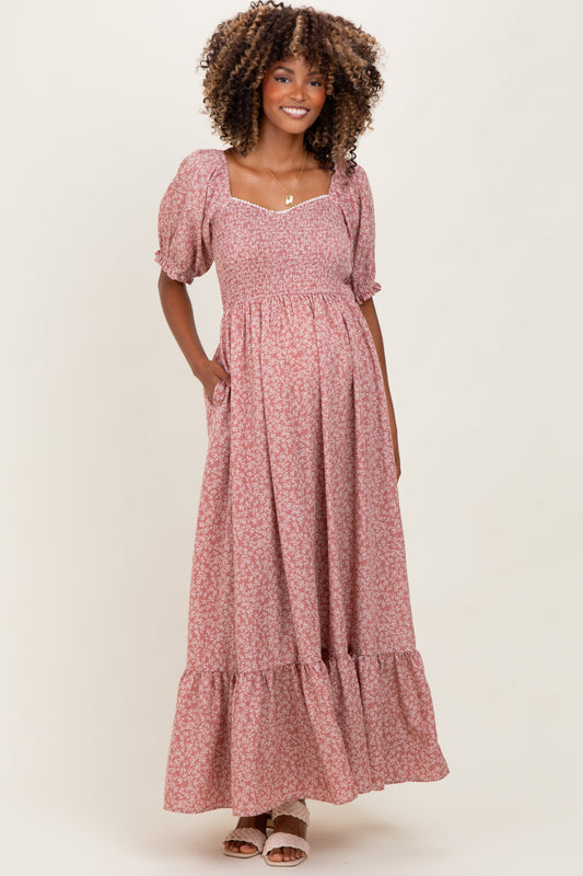 Mauve Floral Lace Trim Smocked Maternity Maxi Dress