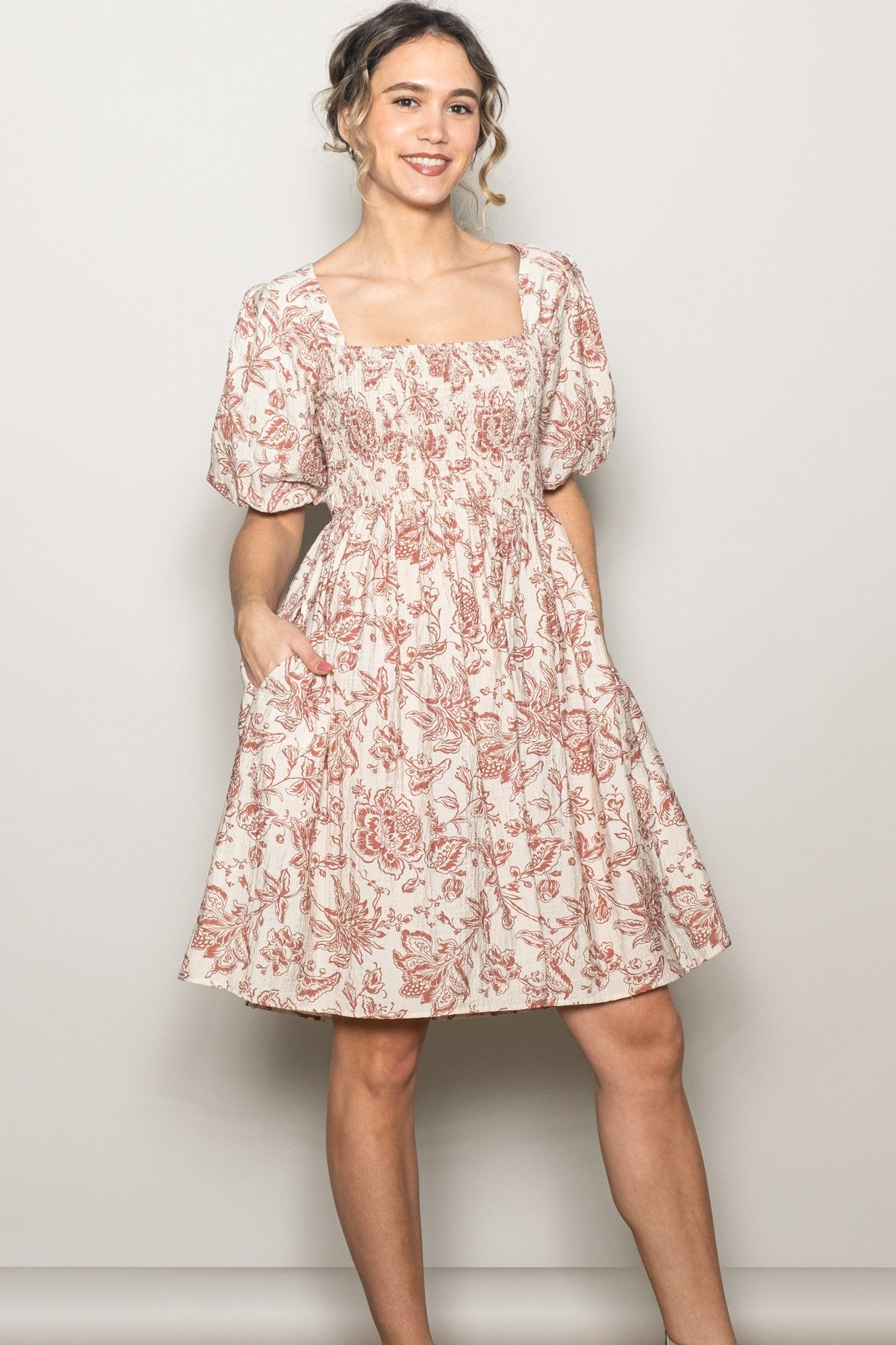 Rust Floral Smocked Puff Sleeve Dress