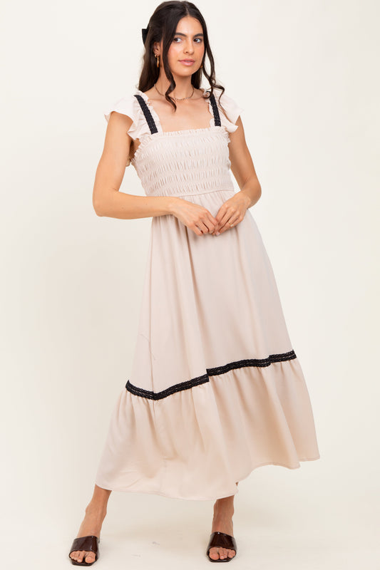 Beige Smocked Lace Detail Midi Dress