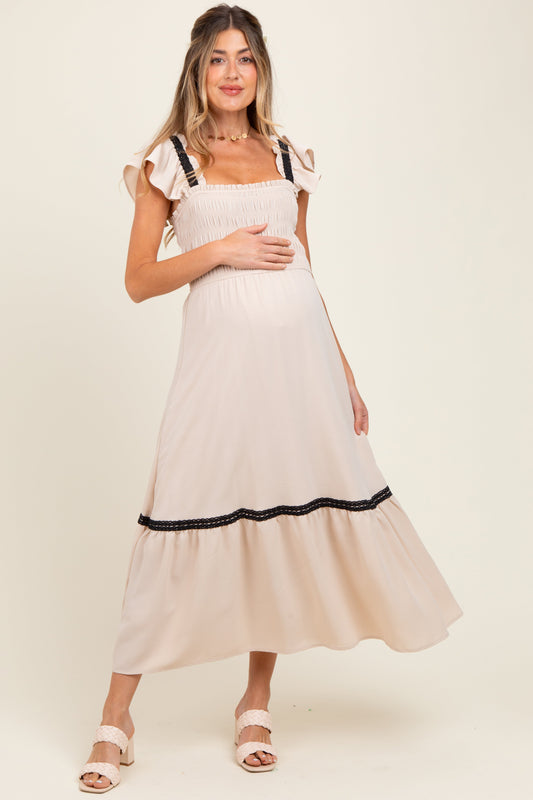Beige  Smocked Lace Detail Maternity Midi Dress