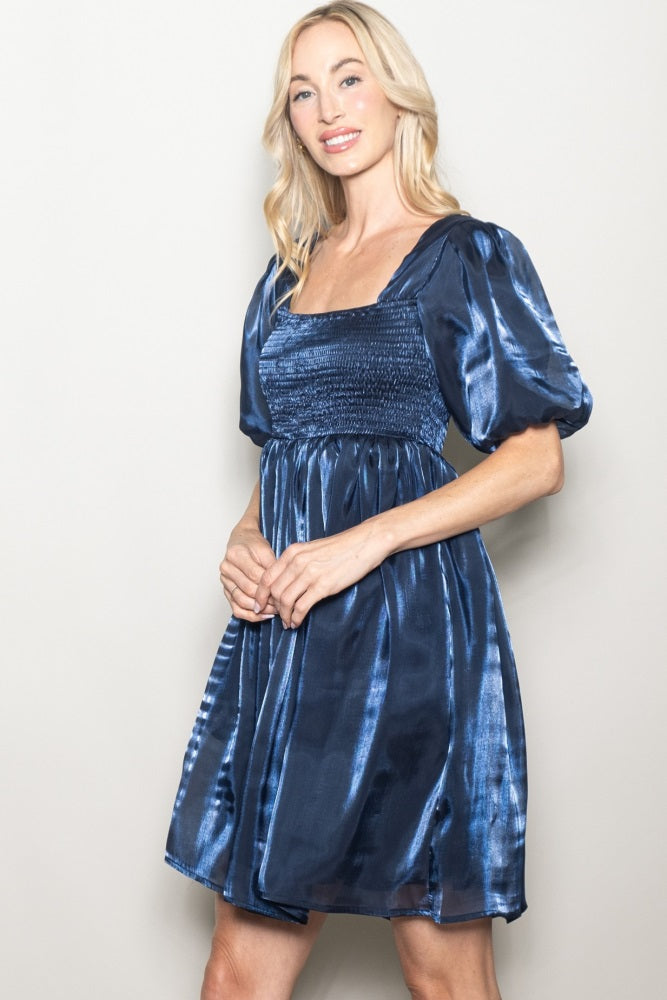 Navy Organza Smocked Puff Sleeve Mini Dress