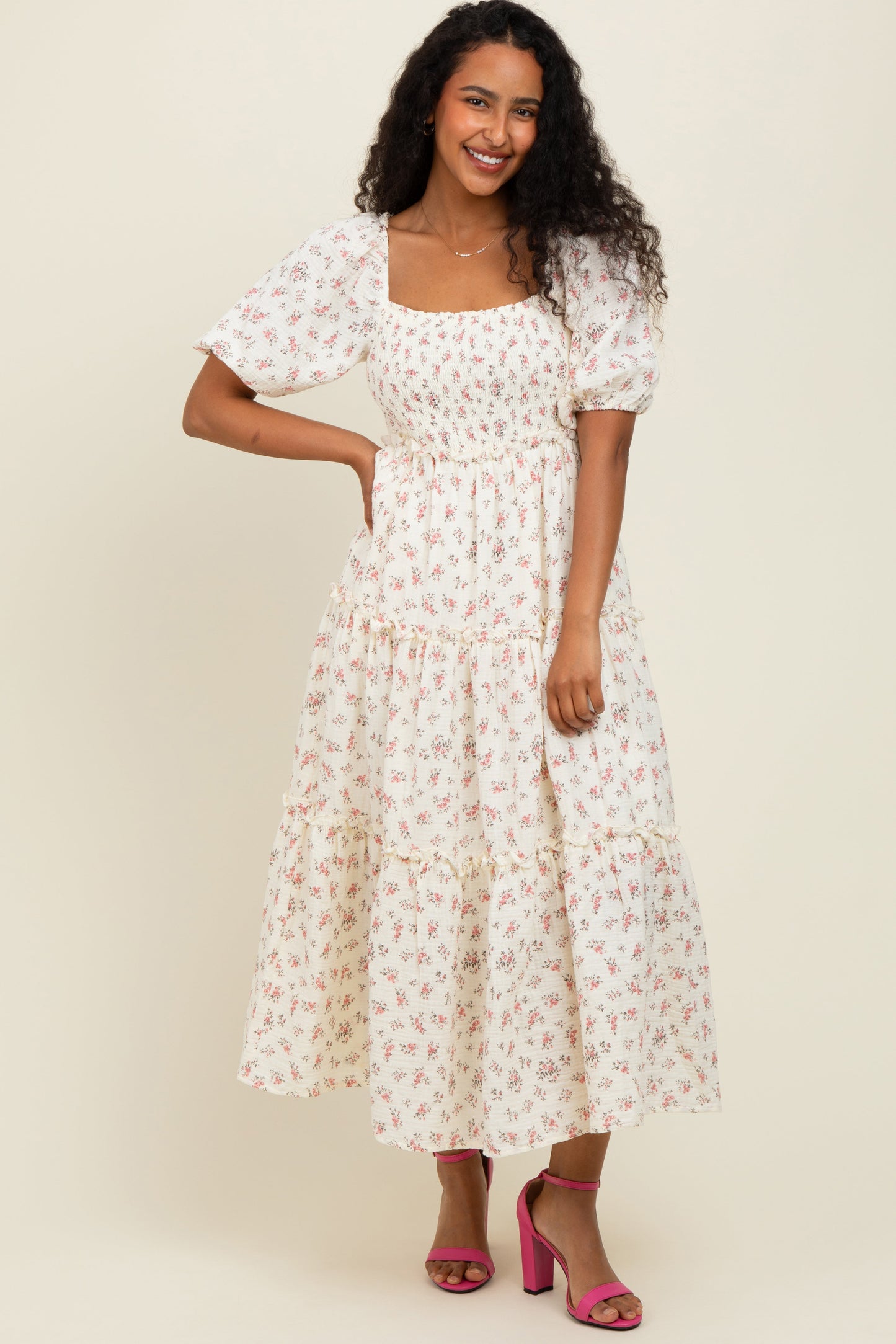 Pink Floral Smocked Ruffle Tiered Maxi Dress
