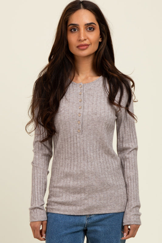 Light Brown Ribbed Knit Button Long Sleeve Top