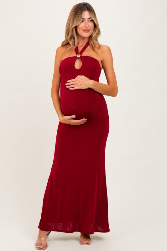 Burgundy Halter Pendant Maternity Maxi Dress