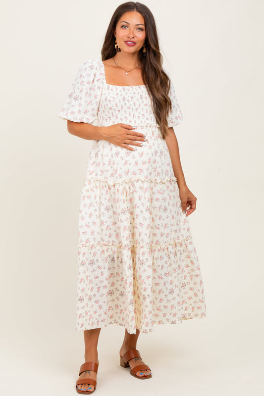 Pink Floral Smocked Ruffle Tiered Maternity Maxi Dress