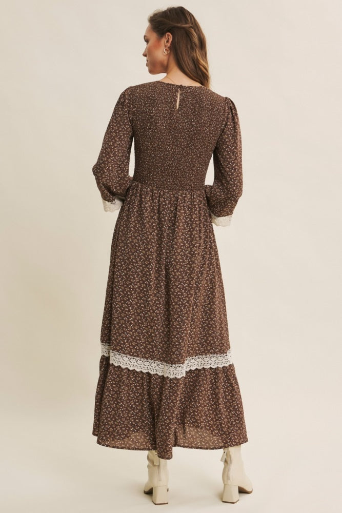 Brown Floral Smocked Crochet Lace Accent Maxi Dress