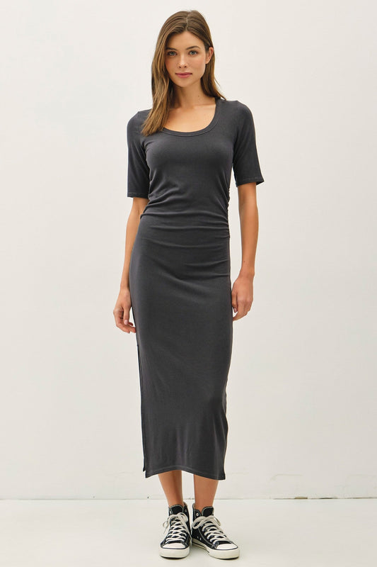Charcoal Ruched Short Sleeve Side Slit Midi Dress