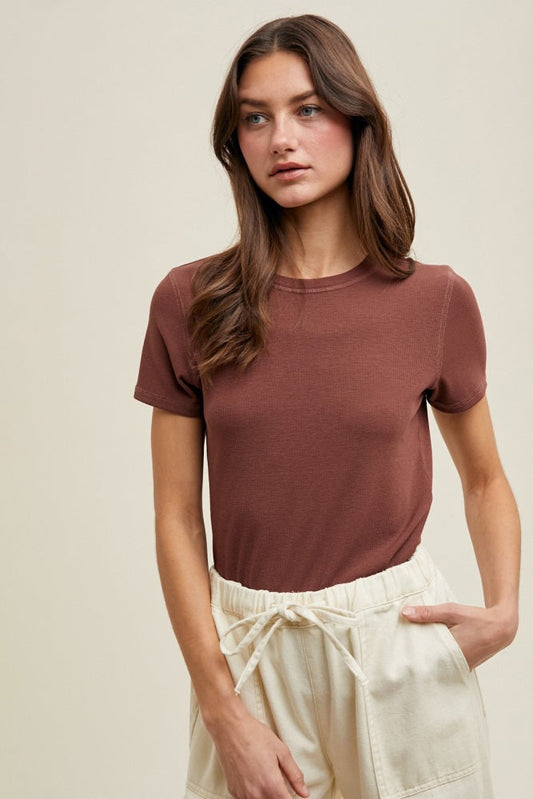 Brown Ribbed Short Sleeve Curved Hem Top