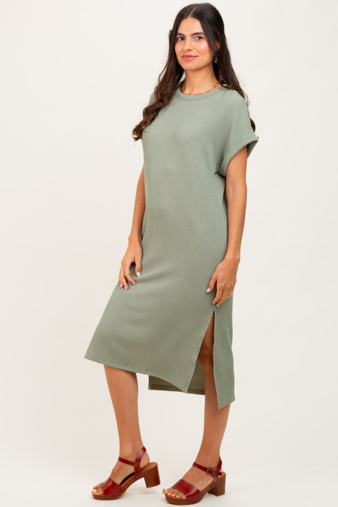 Olive Ribbed Short Sleeve Midi Dress