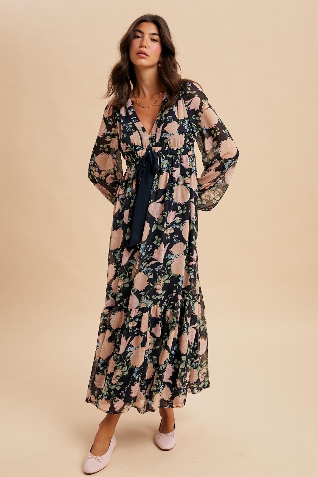 Navy Floral Chiffon Bow Tie Front Maxi Dress