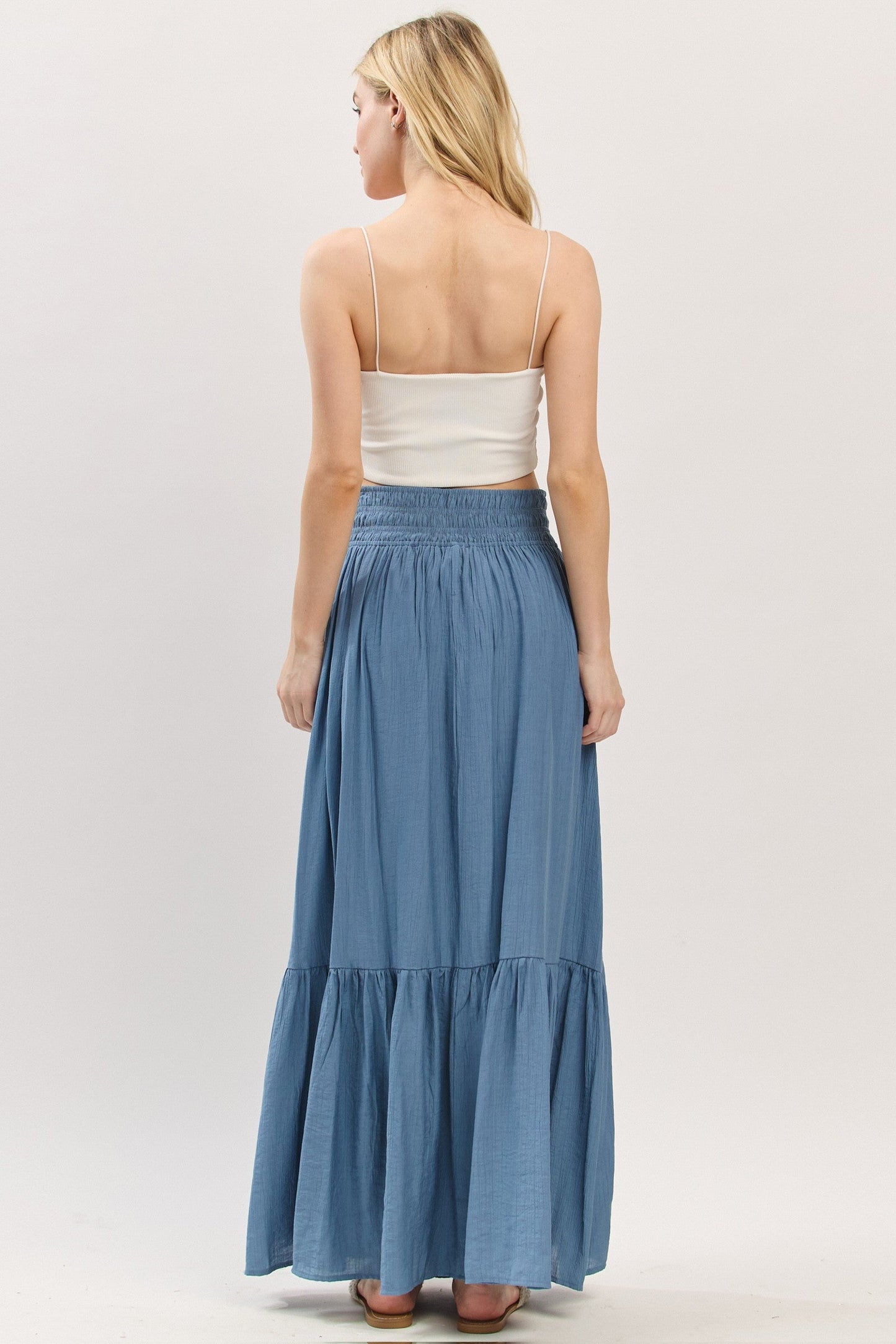 Blue Smocked Waist Button Accent Maxi Skirt