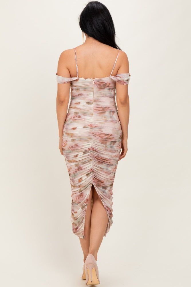Cream Rose Floral Mesh Ruched Off Shoulder Midi Dress