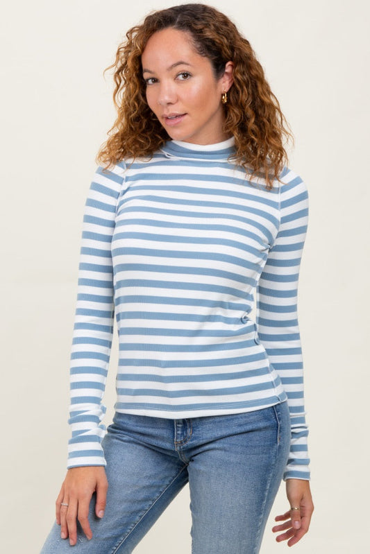 Blue Striped Turtleneck Long Sleeve Top