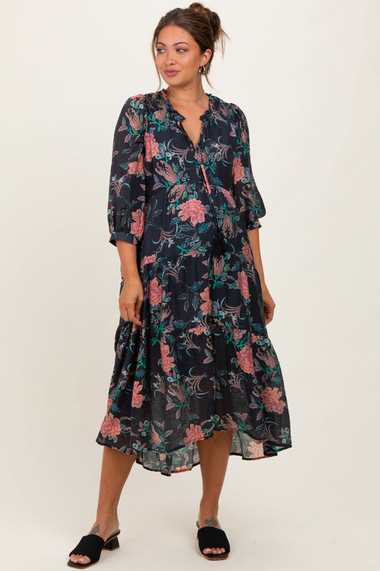 Black Floral Front Tie Tiered Maternity Midi Dress
