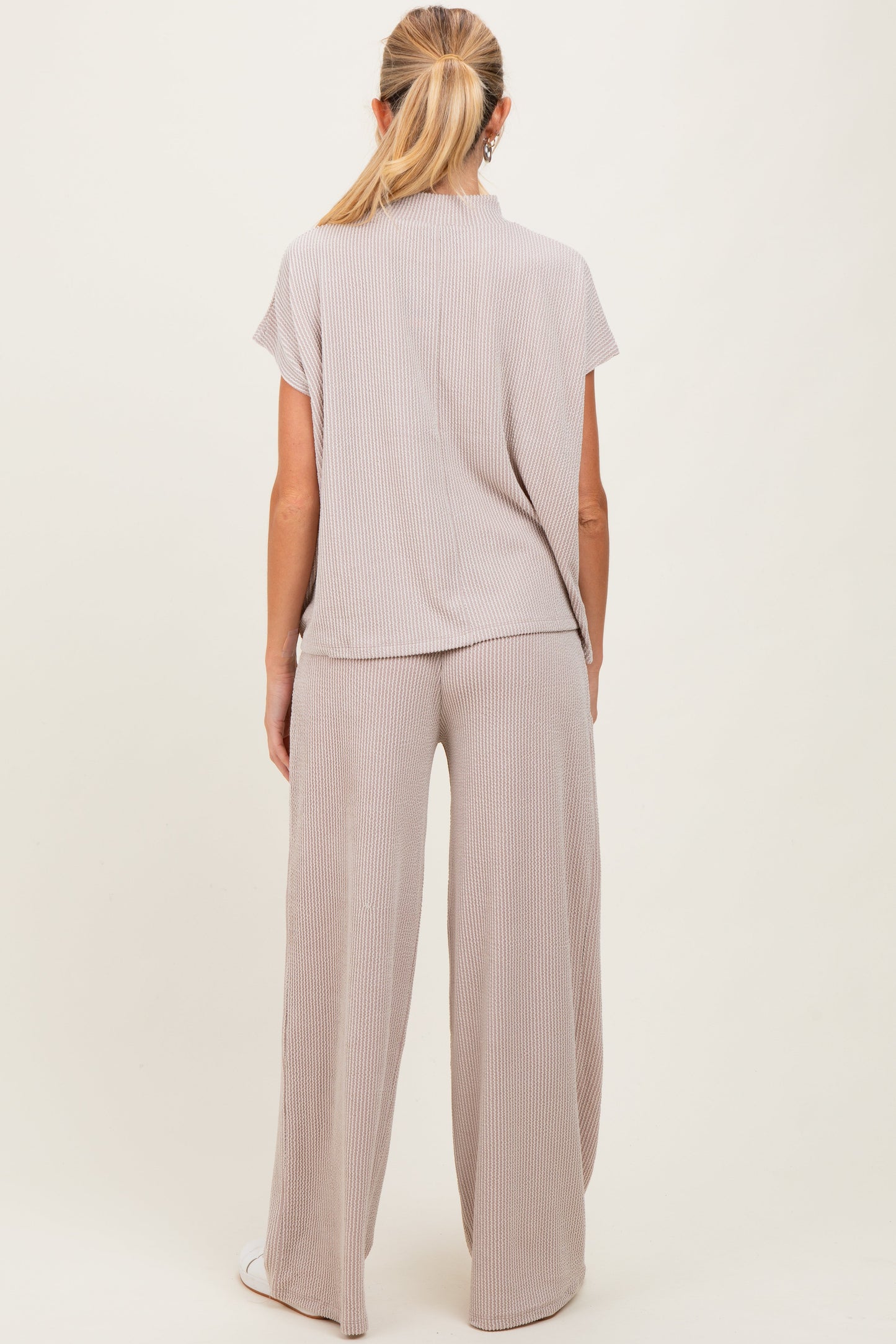 Cream Textured Rib Mock Neck Short Sleeve Pant Maternity Set