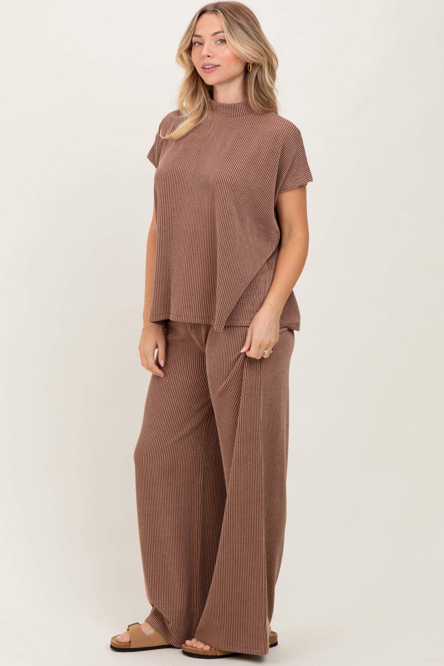 Mocha Textured Rib Mock Neck Short Sleeve Pant Set