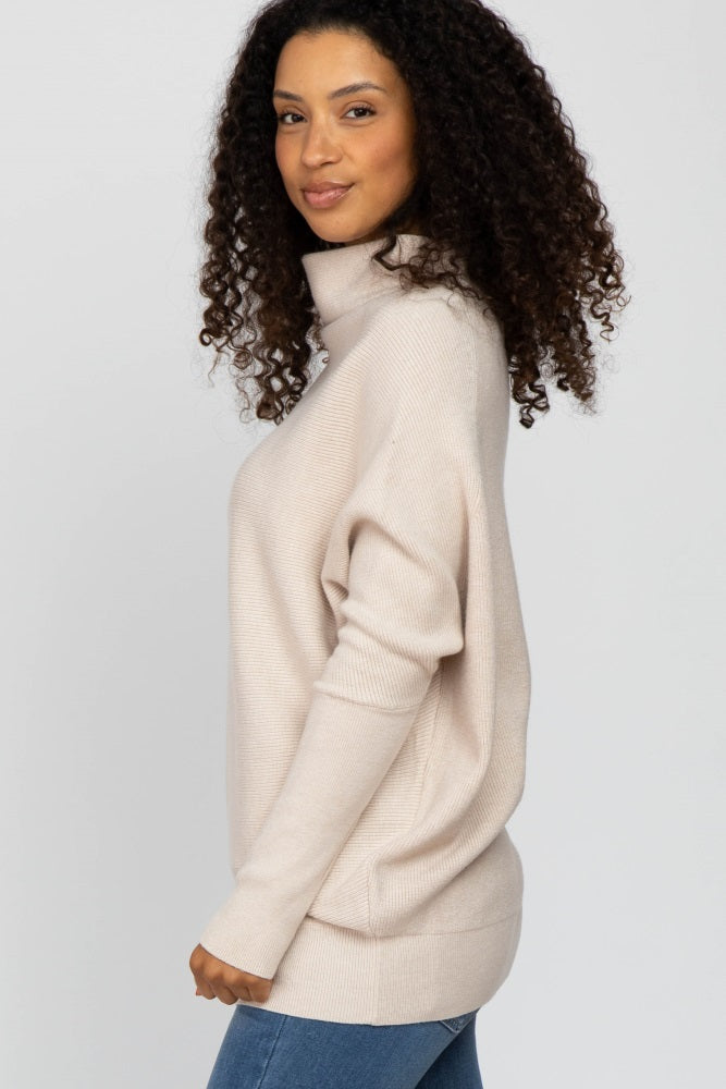 Beige Funnel Neck Dolman Sleeve Sweater