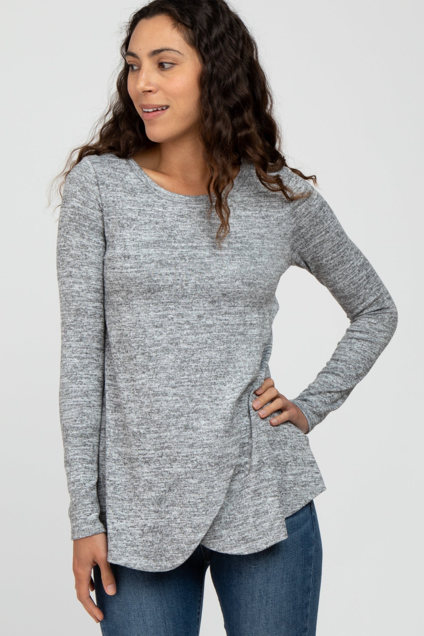 Heather Grey Knit Layered Front Maternity/Nursing Top