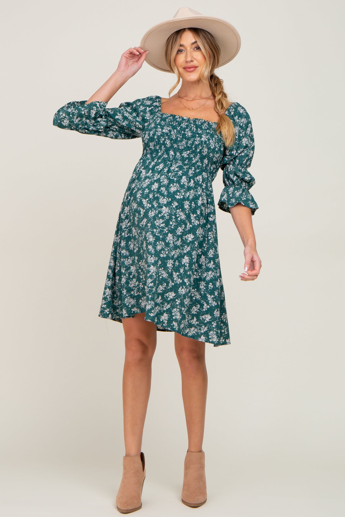 Forest Green Floral Ruffle Sleeve Smocked Maternity Dress