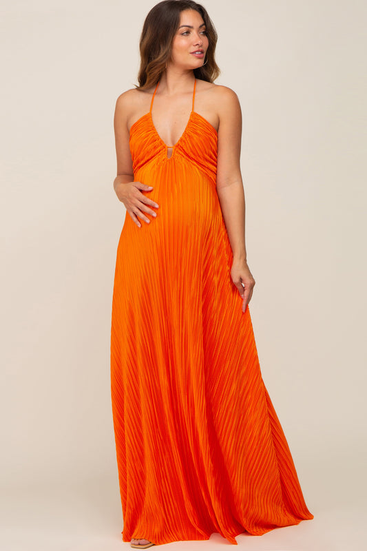 Orange Plisse Halter Back Tie Maternity Maxi Dress