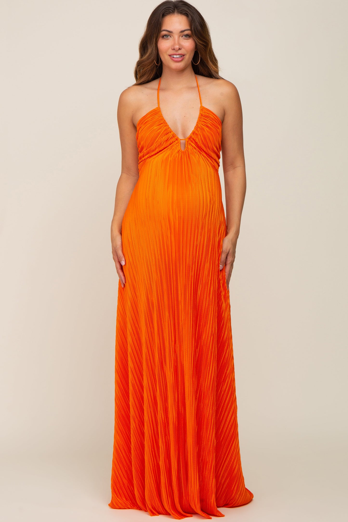 Orange Plisse Halter Back Tie Maternity Maxi Dress