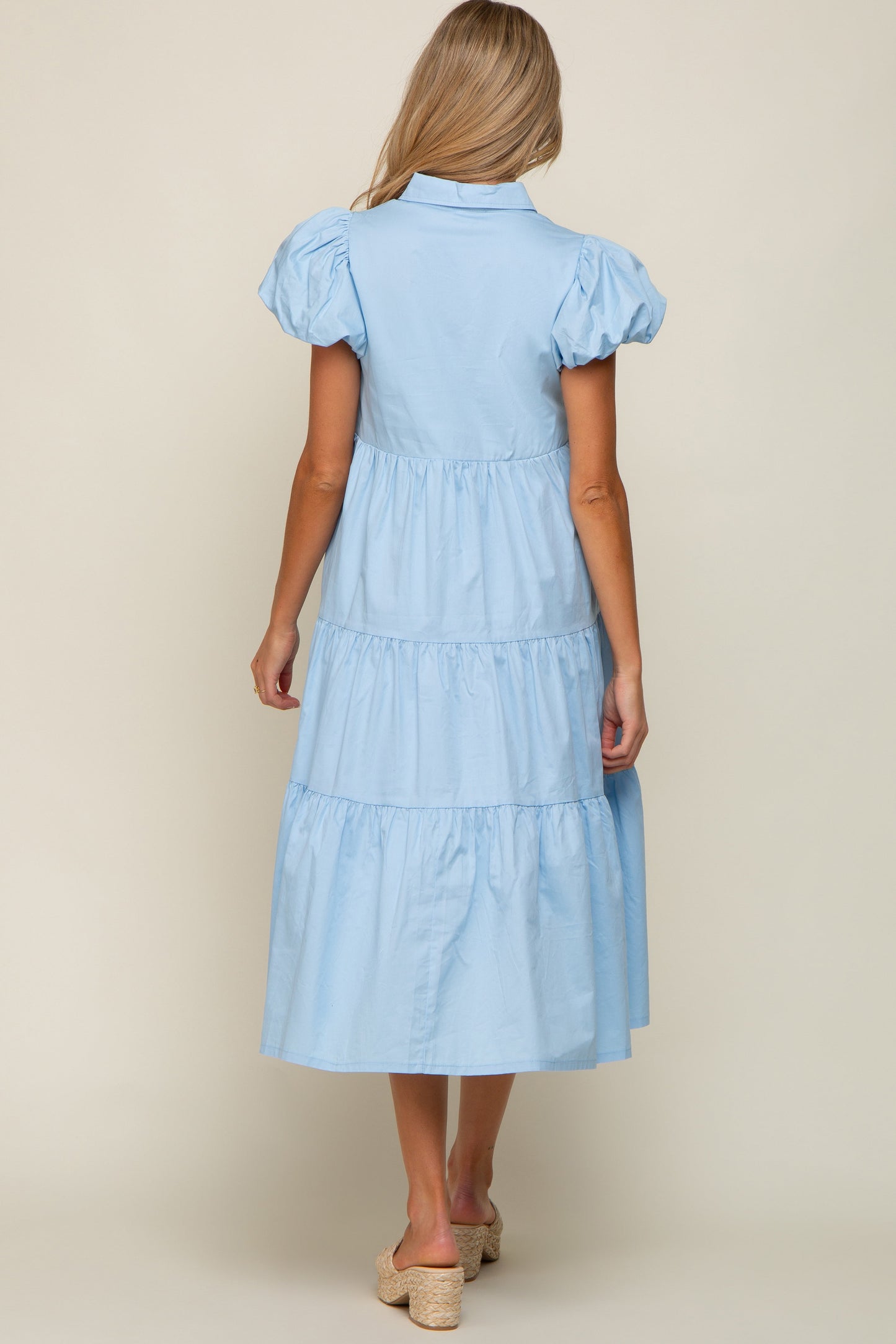 Light Blue Puff Sleeve Button Down Maternity Midi Dress