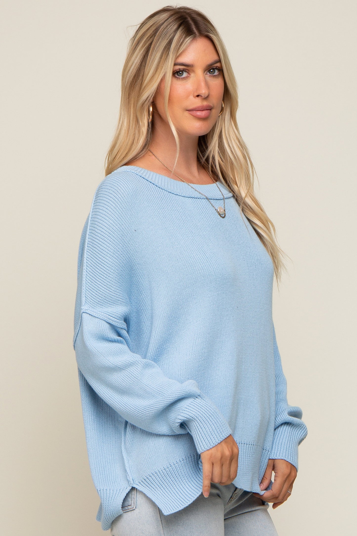 Light Blue Exposed Seam Side Slit Sweater