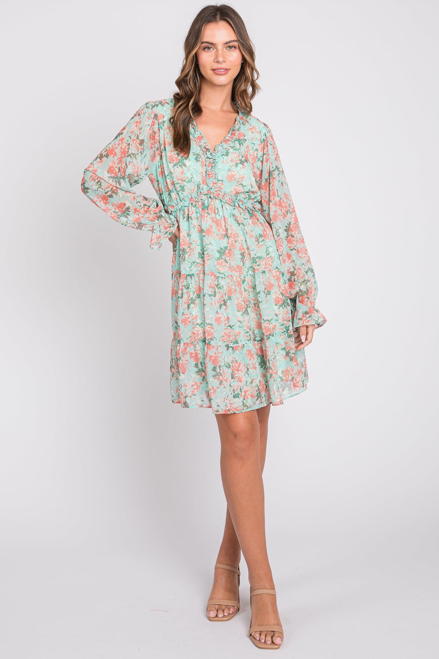 Aqua Floral Ruffle Accent Maternity Dress
