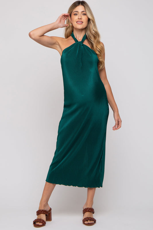 Forest Green Knot Front Plisse Halter Maternity Midi Dress
