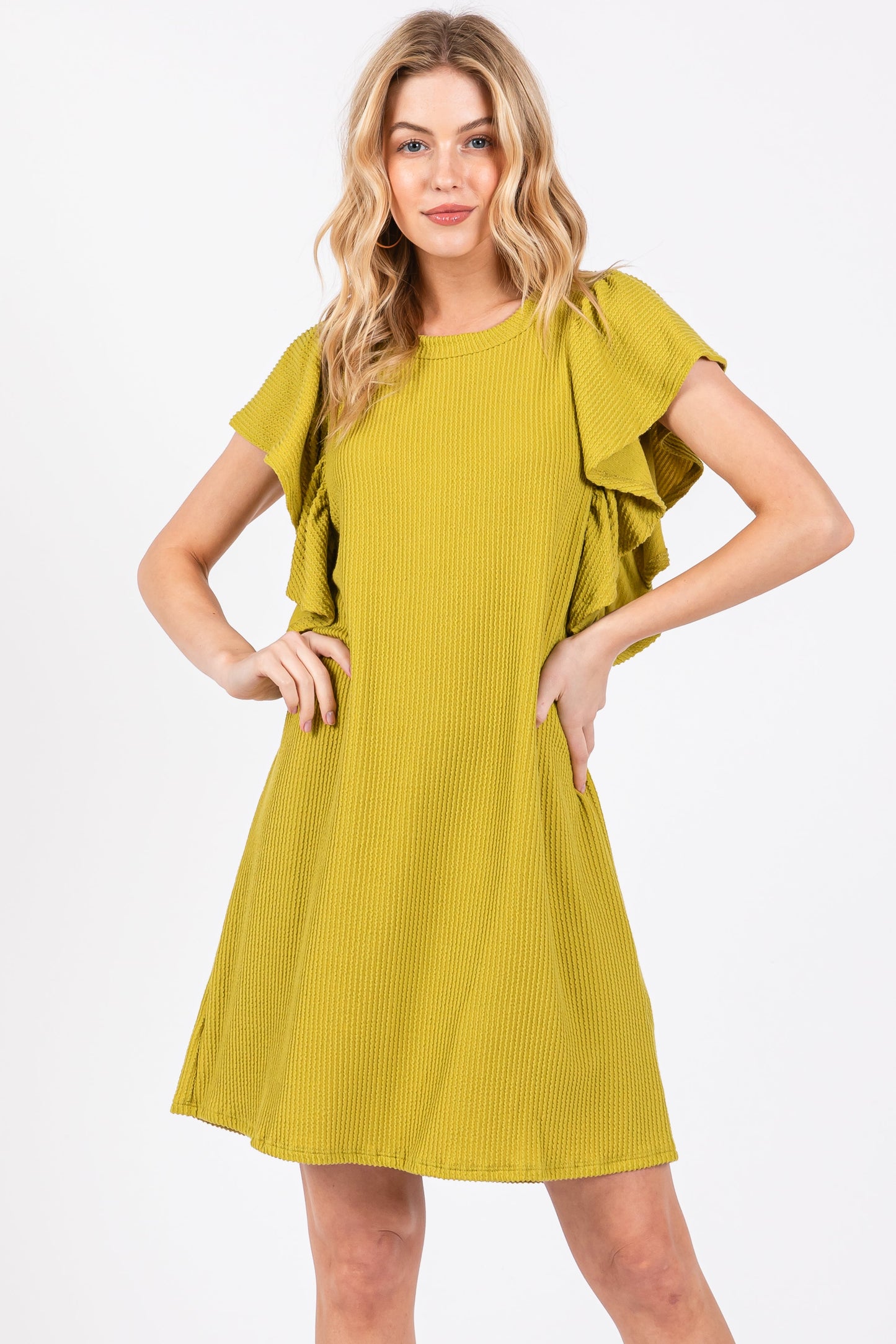 Lime Ribbed Ruffle Sleeve Maternity Dress