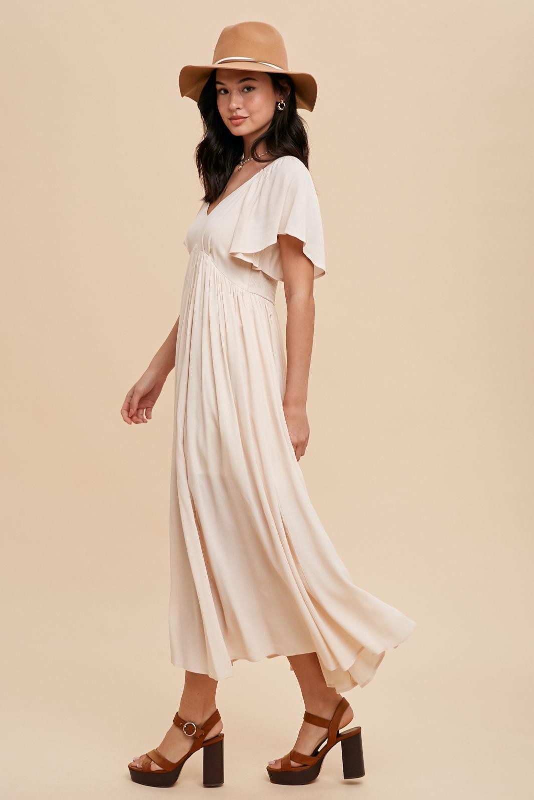 Cream V-Neck Flutter Short Sleeve Midi Dress