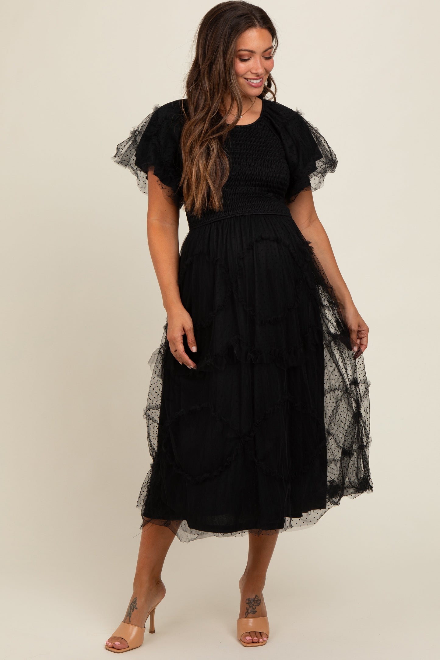 Black Smocked Dotted Tulle Overlay Maternity Midi Dress