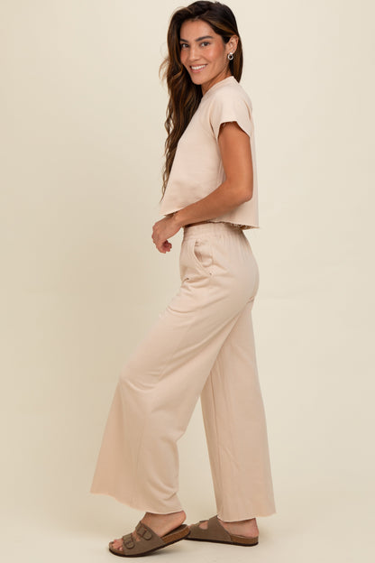 Beige Basic Tee And Wide Leg Pant Set