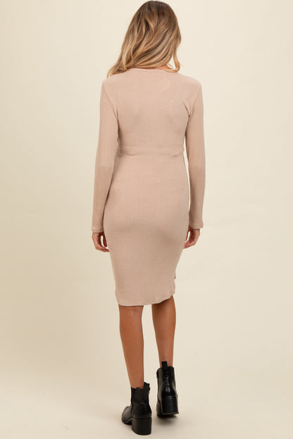Cream Ribbed Knit Long Sleeve Tie Waist Maternity Dress