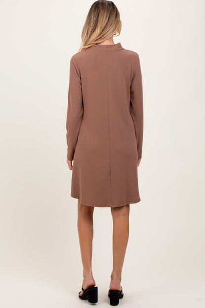Mocha Ribbed Mock Neck Long Sleeve Basic Maternity Dress