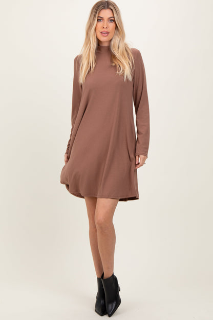 Mocha Ribbed Mock Neck Long Sleeve Basic Dress