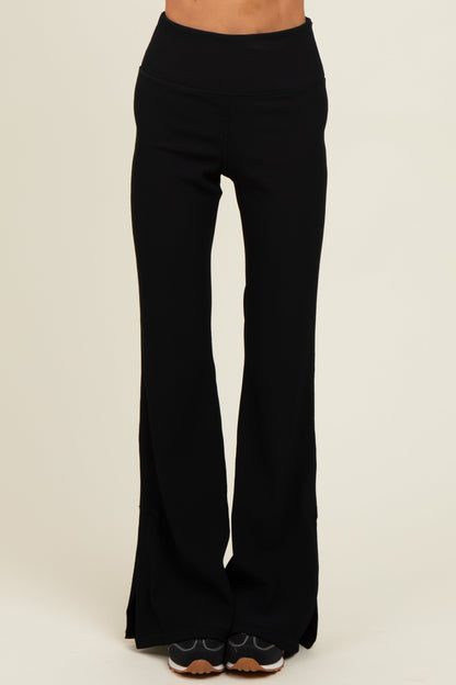 Black Ribbed Split Flare Leggings