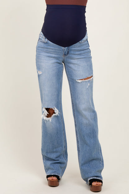 Light Blue Distressed Open Knee Straight Leg Maternity Jeans