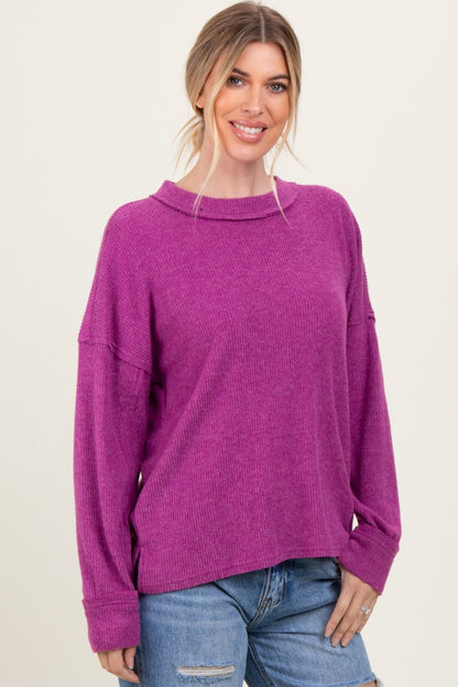 Plum Brushed Ribbed Knit Pullover
